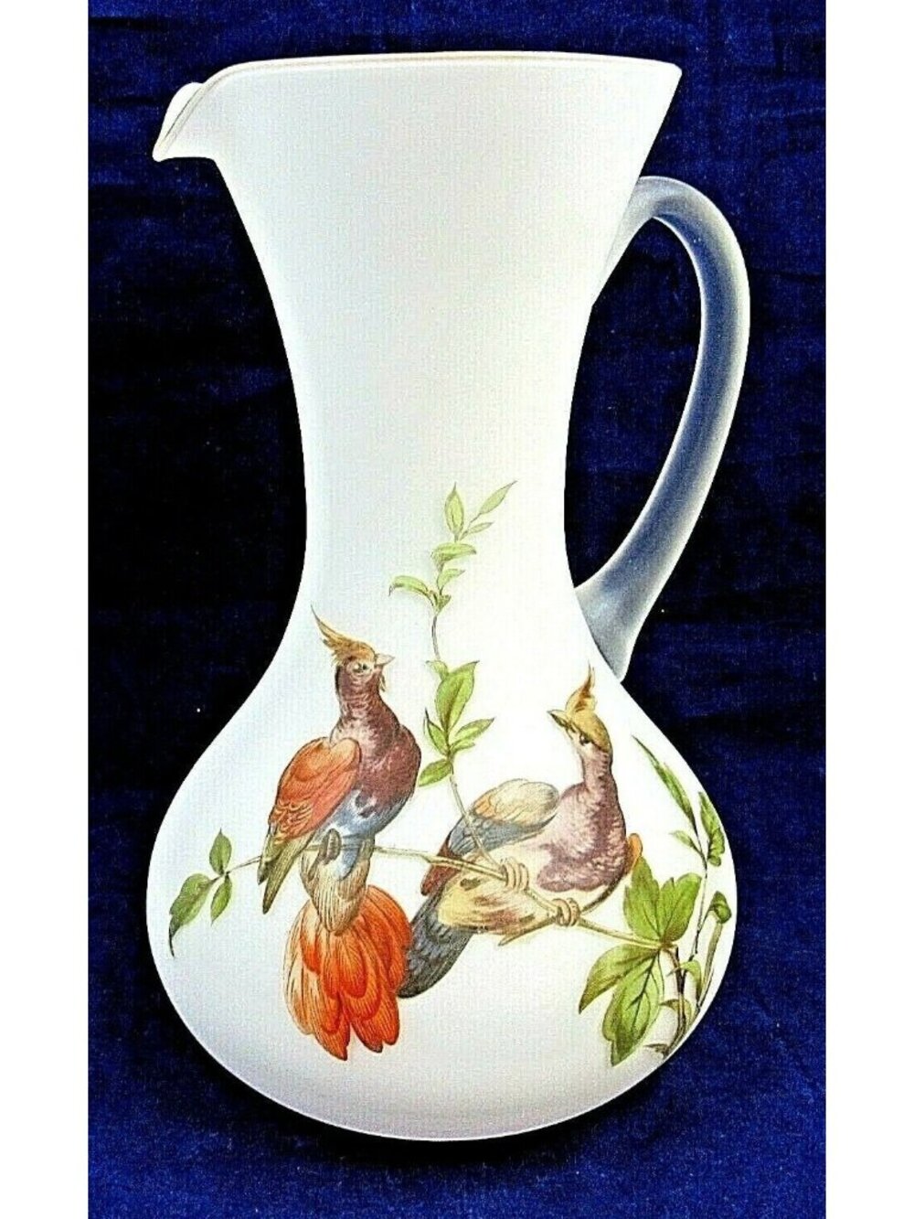 Vintage Glass Pitcher Frosted with Birds in Tree 10 inch